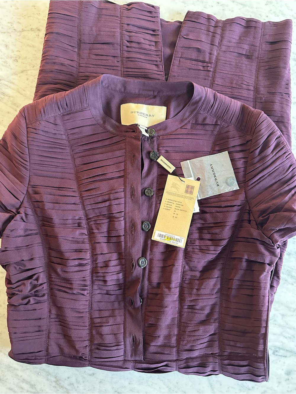 Burberry Plum Pleated Button-Front MIDI DRESS